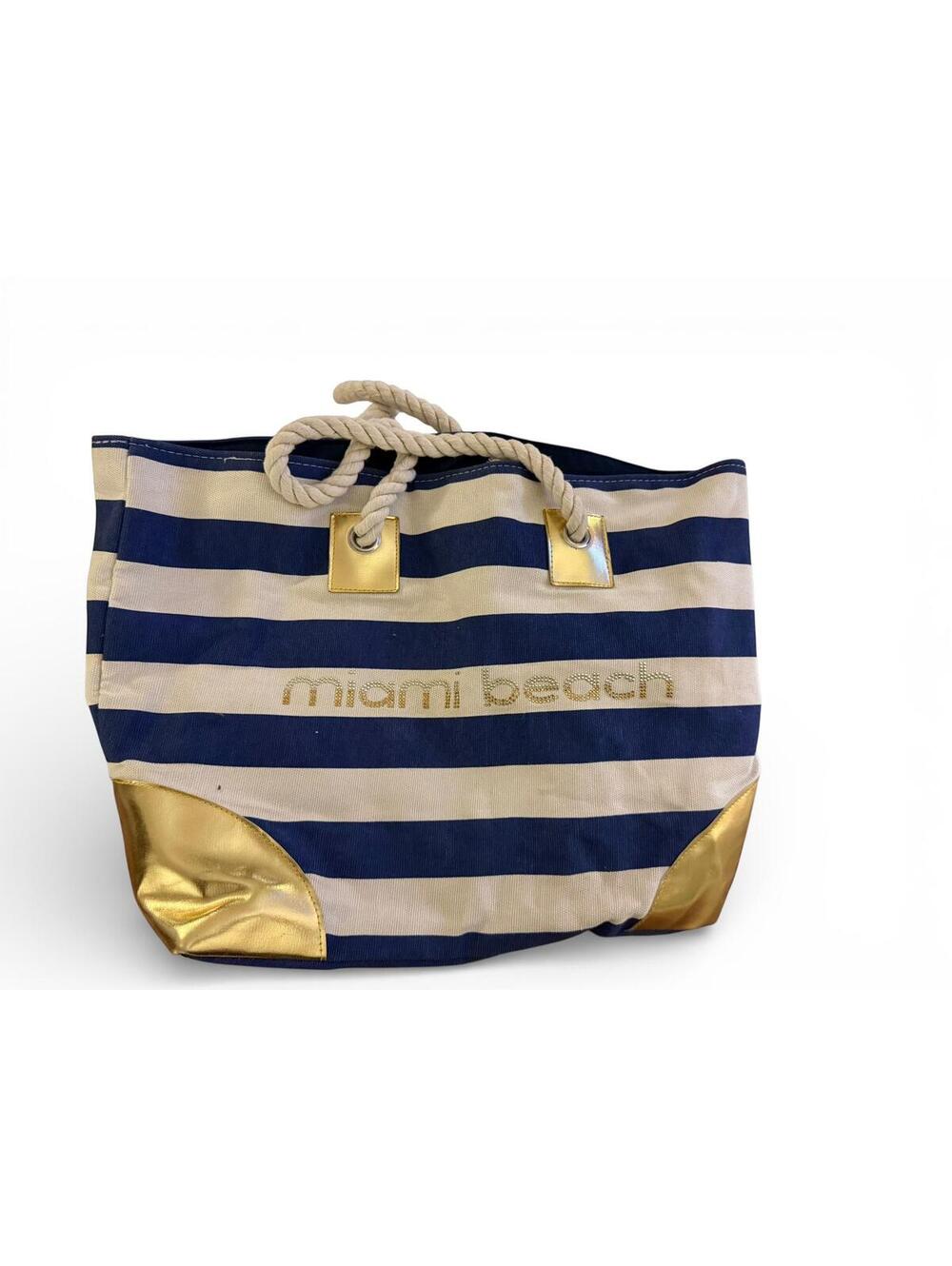 Navy and Cream Striped Miami Beach Tote Bag with Gold Accents